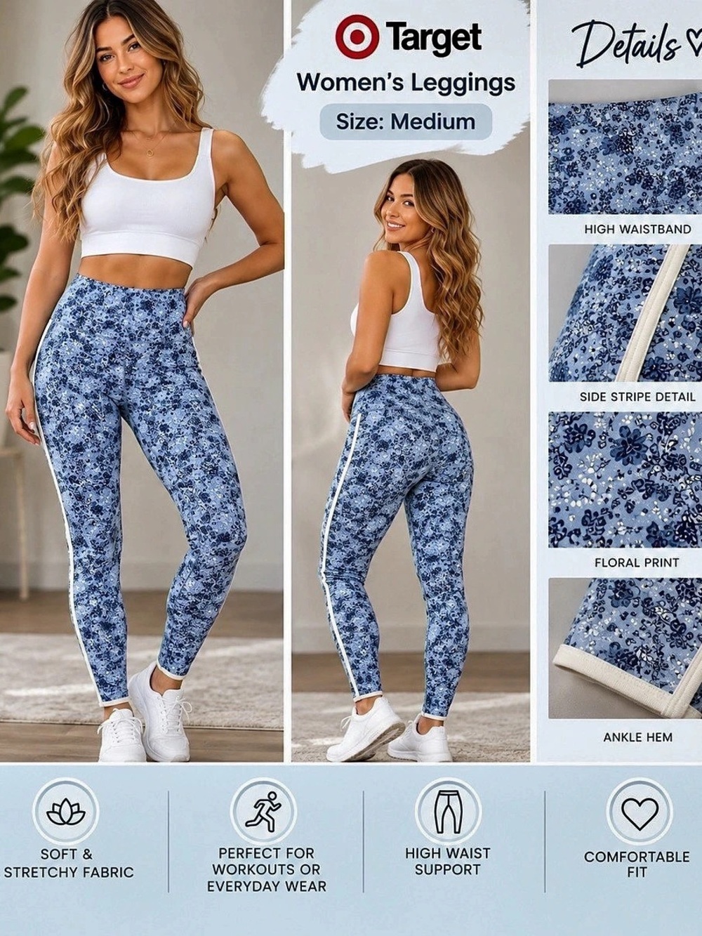 Target Floral High-Waist Leggings in Blue & White Size Medium